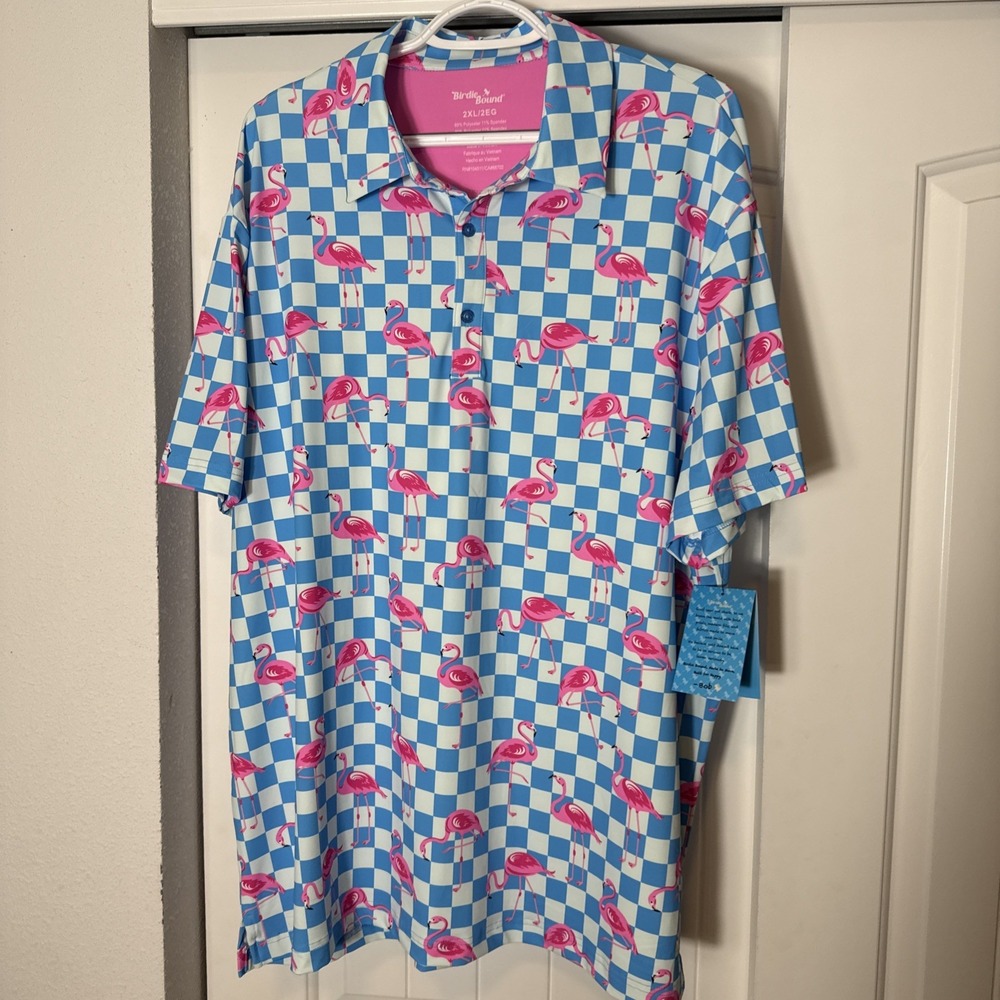 Birdie Bound Men XL Flamingo Golf Polo Shirt Loud Tropical Print Performance New